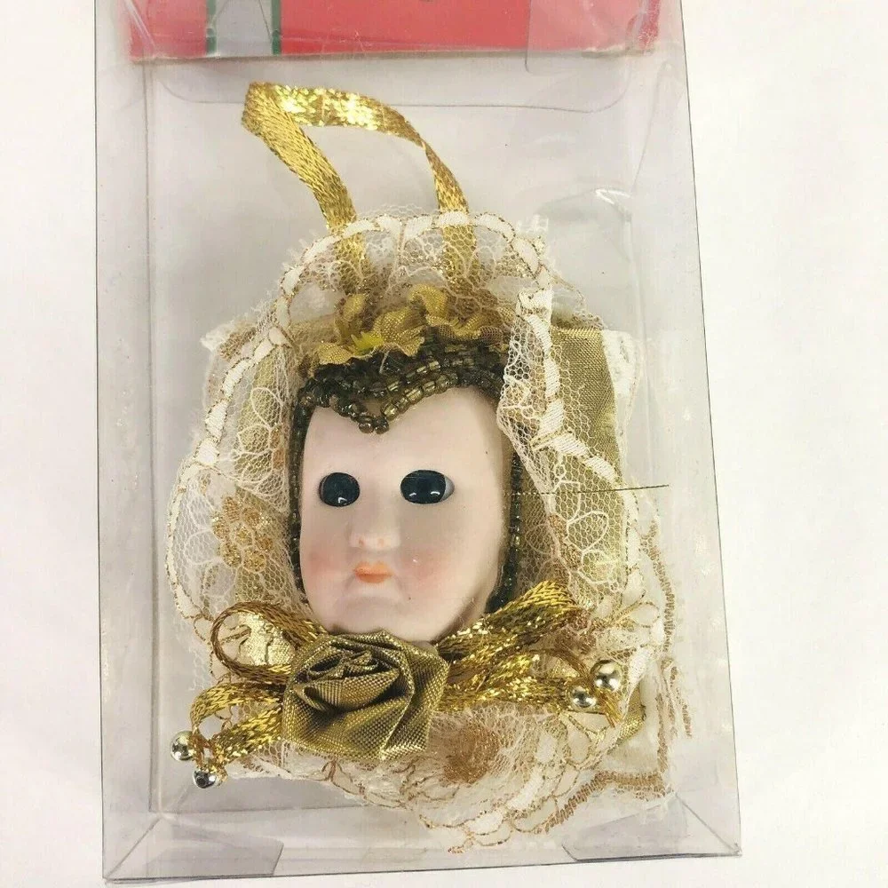 2‎ New Victorian Porcelain Doll Face Christmas Tree Ornaments Beads Lace In Box